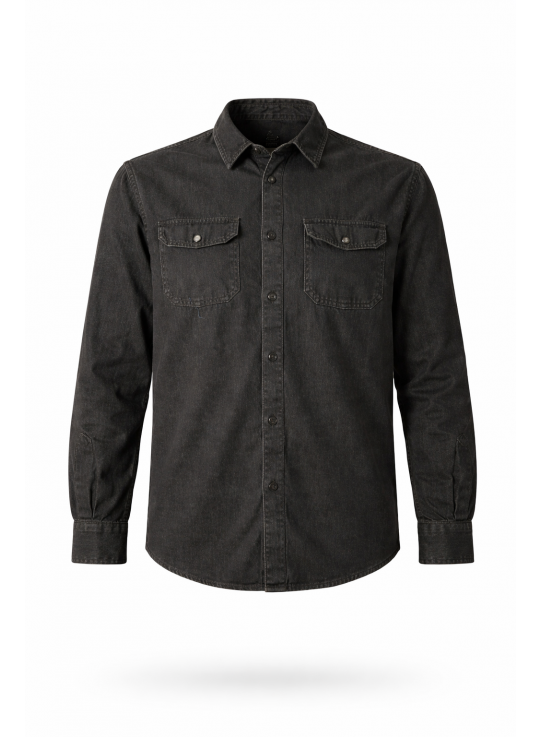 Black Denim Shirt for Men – Regular Fit, Double Pocket Design