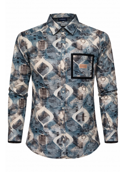 Men’s Blue Abstract Printed Cotton Denim Mix Shirt | Stylish Casual Wear